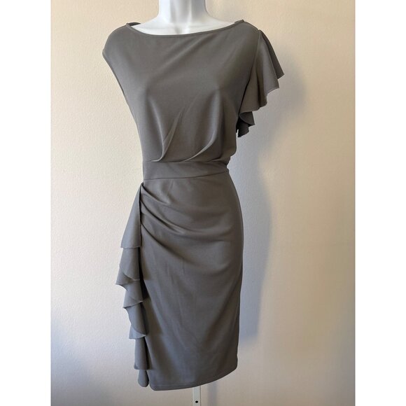Quiet Luxury Asymmetrical Ruffle Dress L Sheath Gray Neutral by Aisize Timeless - Picture 2 of 16